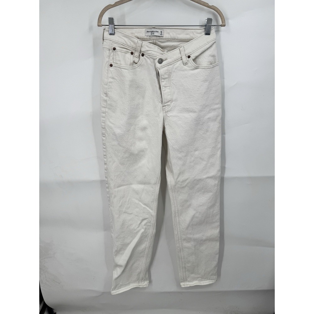 Abercrombie & Fitch The Dad HR Baggy White Jean Sz 8 Button‎ Fly Cross Waist